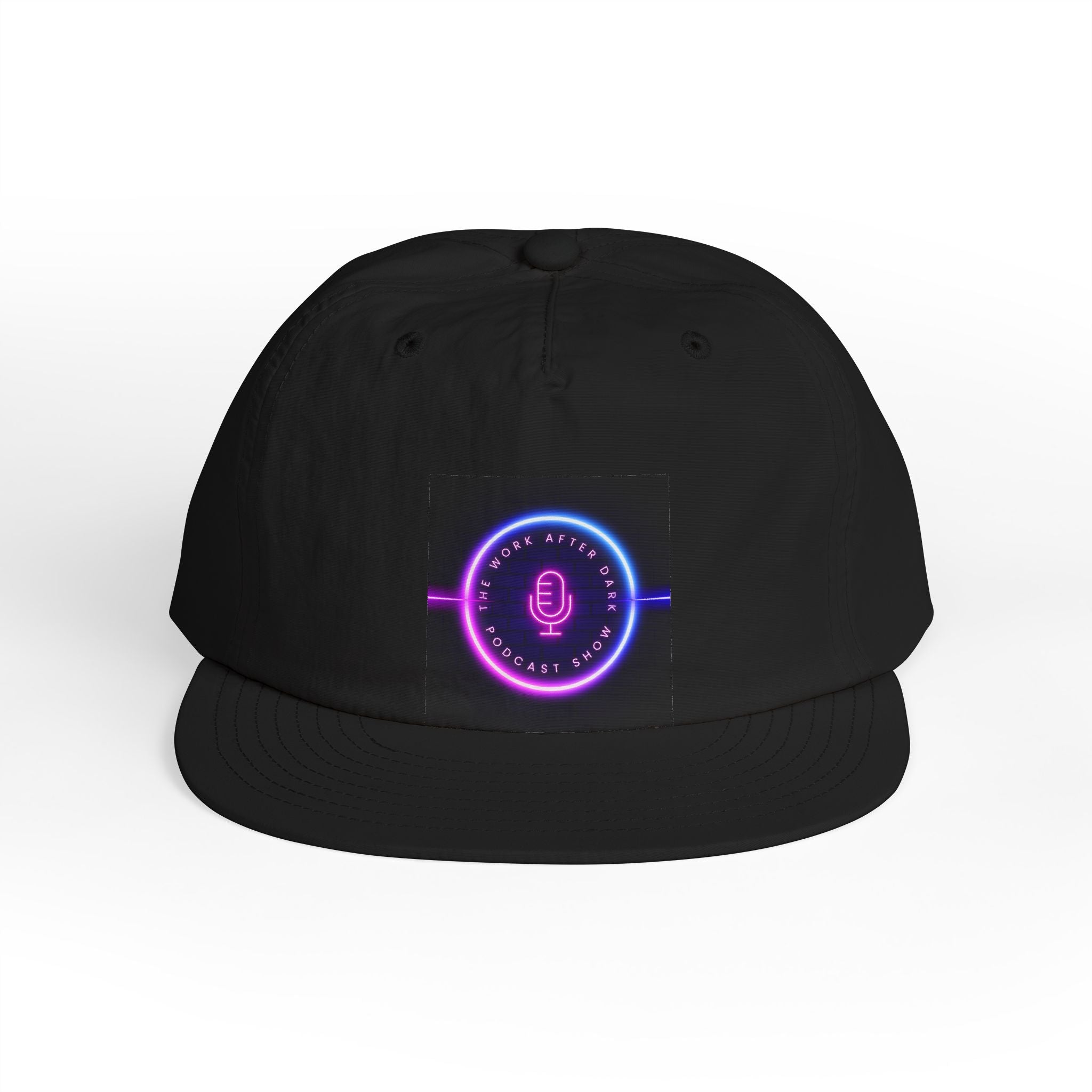 Neon Podcast Surf Cap — Retro Microphone Circle Snapback Hat